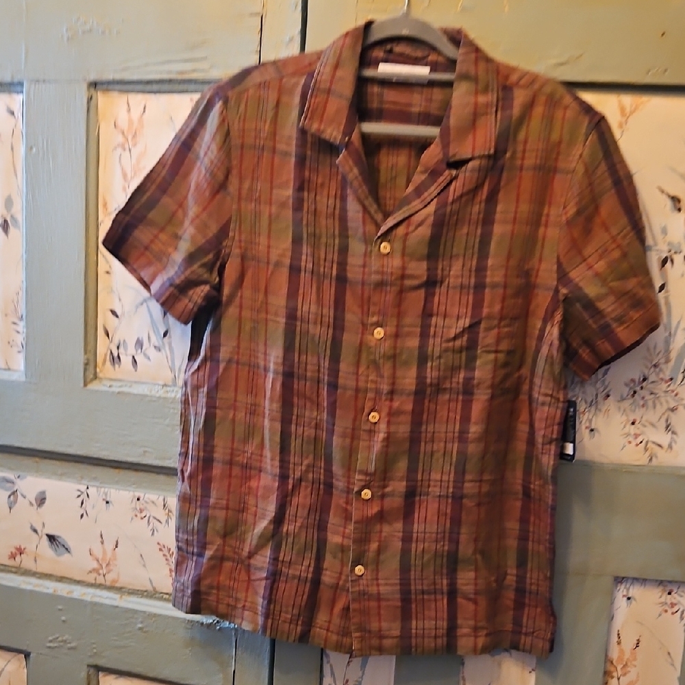LUCKY BRAND LINEN BLEND MENS PLAID SHIRT SLEEVE SHIRT